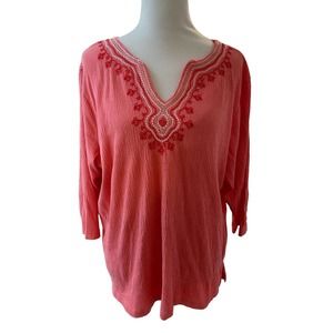 WHITE Stag Blouse Size 16W Salmon V Neck Tunic Embroidered Cotton 3/4 Sleeves